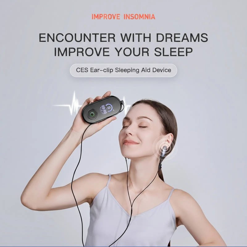 Woman using a CES ear-clip sleep support device during a relaxation session