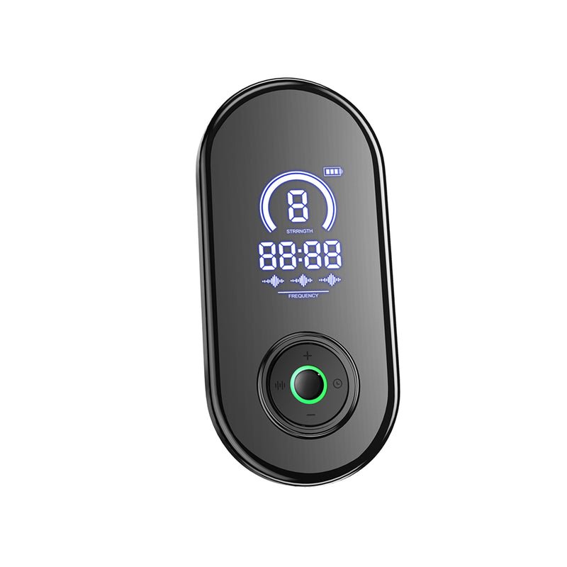 Black HE-M008 CES ear-clip sleep support device with digital display and green illuminated control button