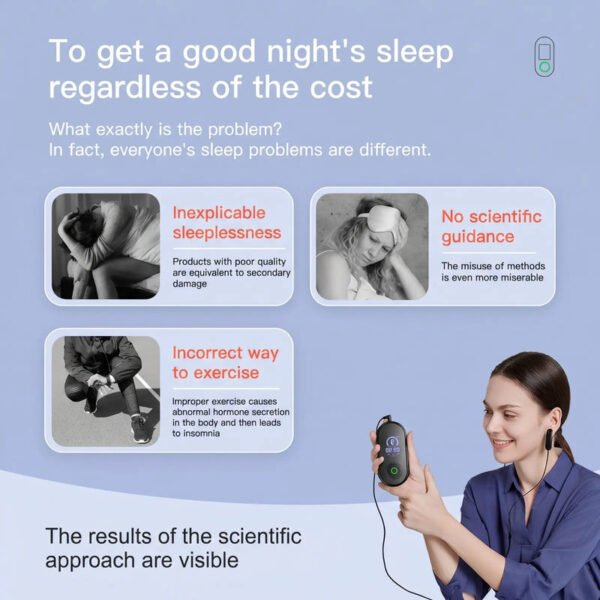 Infographic showing common sleep difficulties and a woman holding a CES ear-clip sleep support device