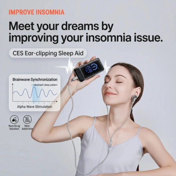 Woman wearing ear clips and holding a rechargeable CES sleep support device