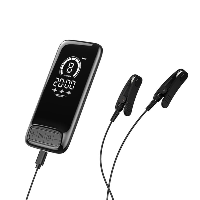 Black HE-M012 CES ear-clip sleep support device with digital display and green illuminated control button