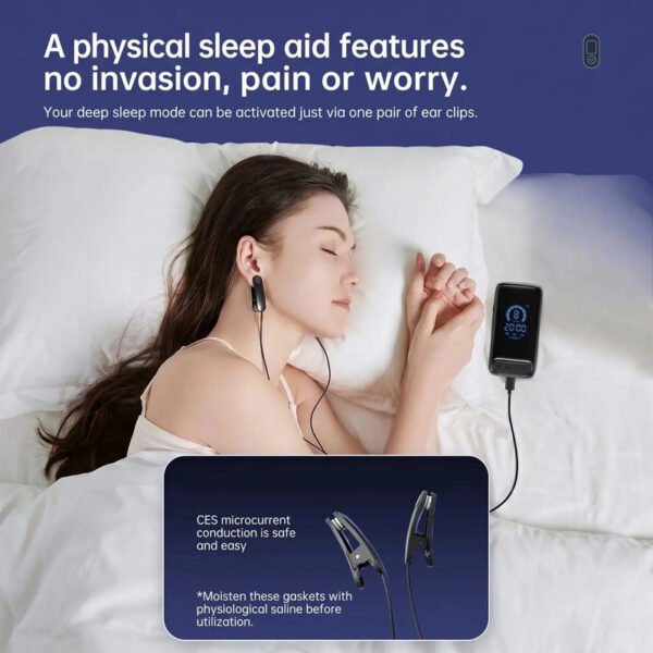 Woman sleeping while wearing conductive ear clips connected to a CES sleep support device