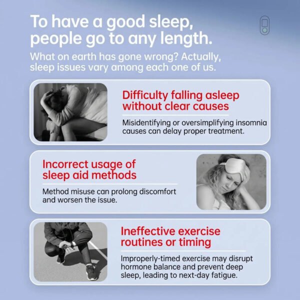 Infographic showing common sleep difficulties and a woman using an ear-clip sleep support device
