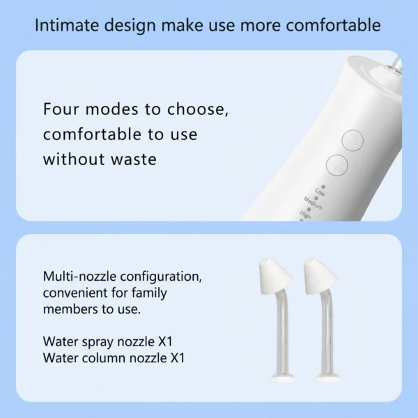 Electric nasal irrigator control panel with four flow modes and two interchangeable nozzles