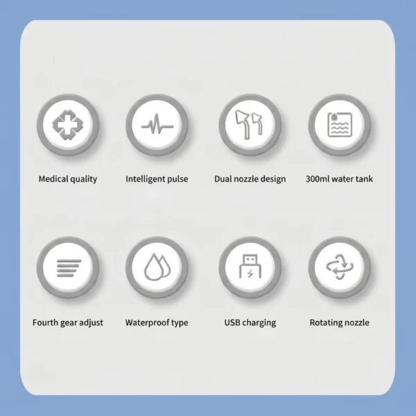 Features of a 300mL electric nasal irrigator with pulse mode, USB charging and rotating nozzle