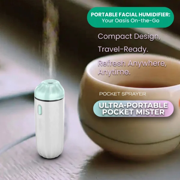 Compact pocket ultrasonic mist sprayer beside a cup for portable personal use