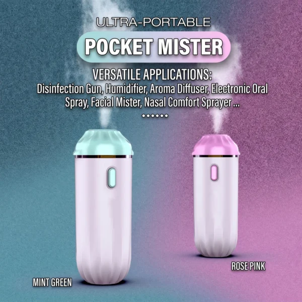 Mint and pink pocket ultrasonic mesh mist sprayers producing fine mist