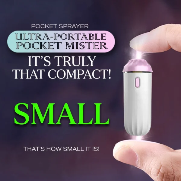 Compact pocket ultrasonic mist sprayer beside a cup for portable personal use