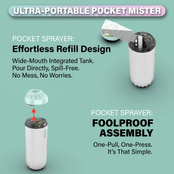 Pocket ultrasonic mist sprayer with wide filling opening and detachable upper section