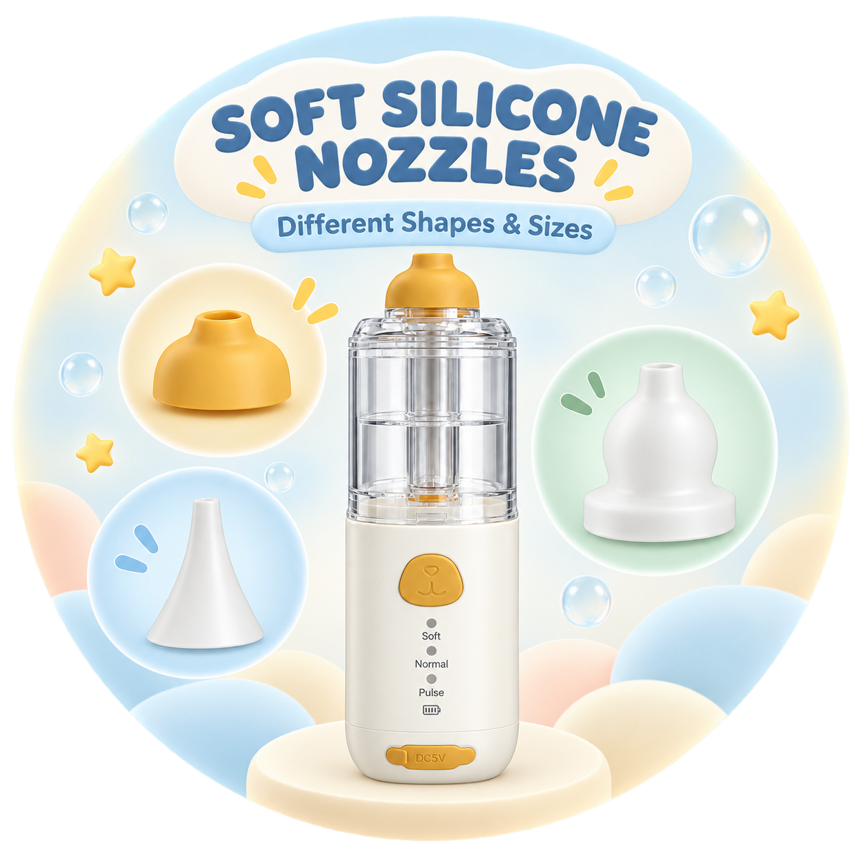 Soft silicone nozzles in multiple sizes