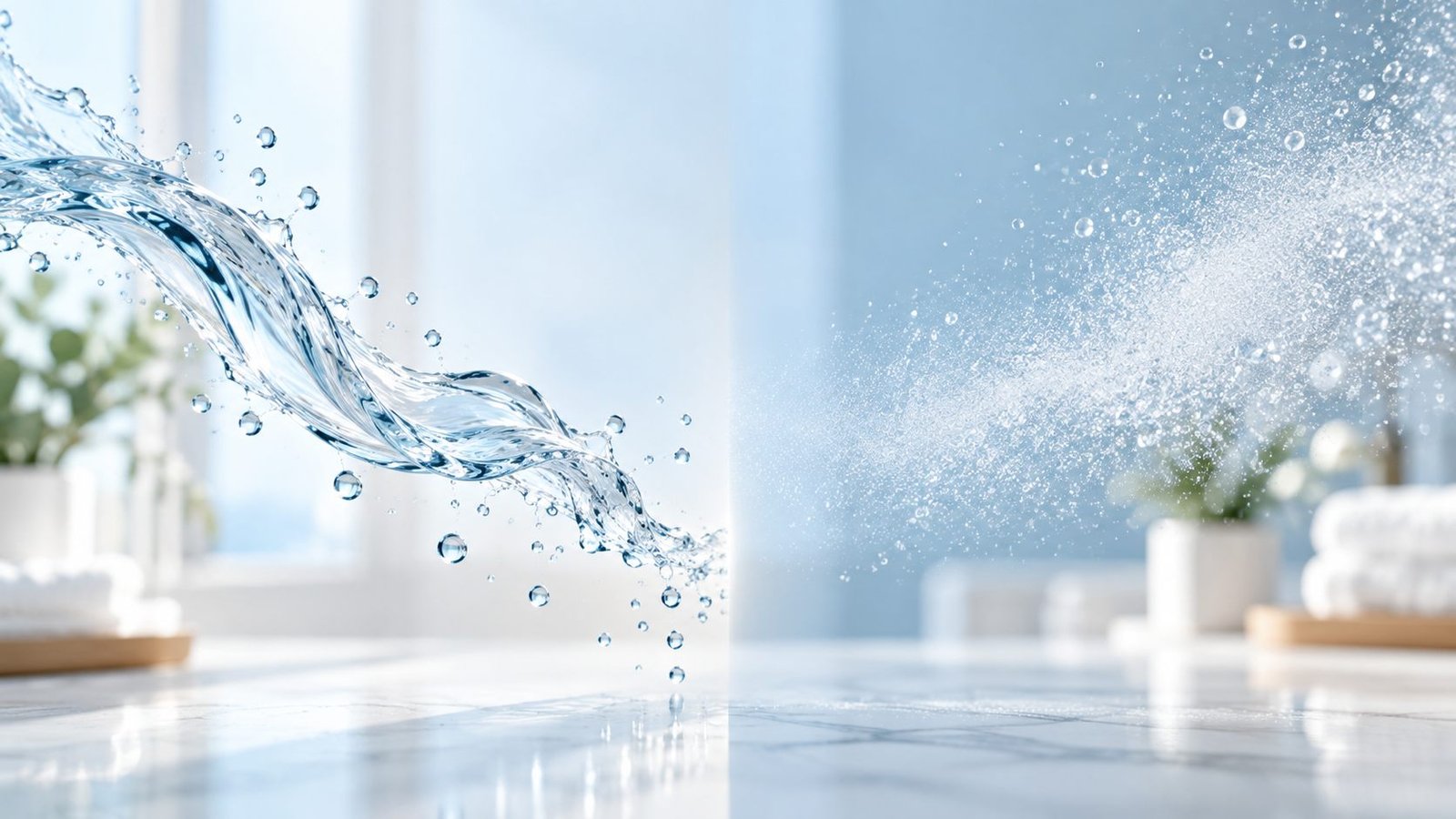 A flowing stream of water compared with a cloud of fine mist for nasal-care routines