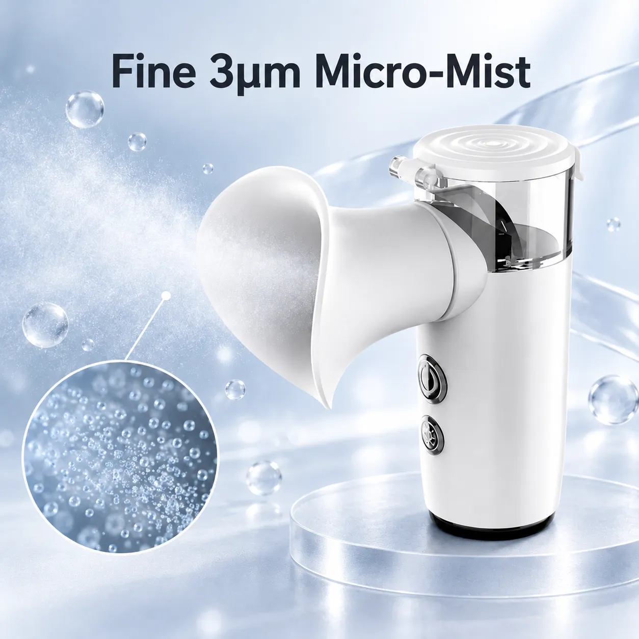 Fine 3 micrometer micro-mist from the eye mist device
