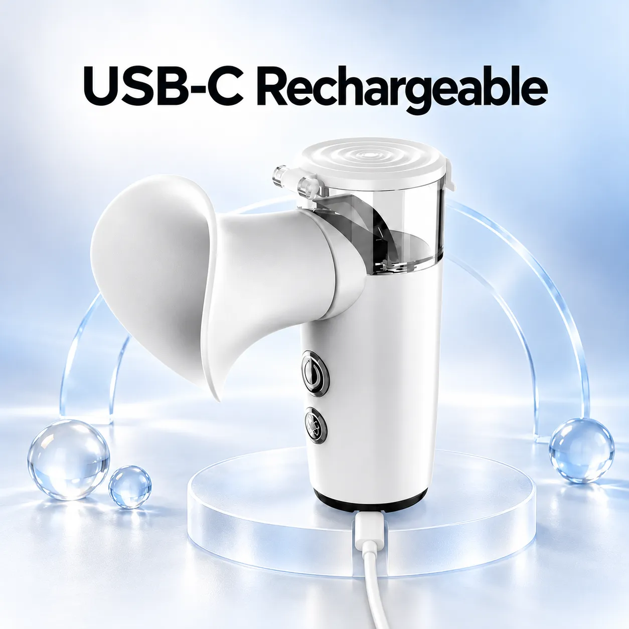 Bottom-mounted USB-C charging port on the eye mist device