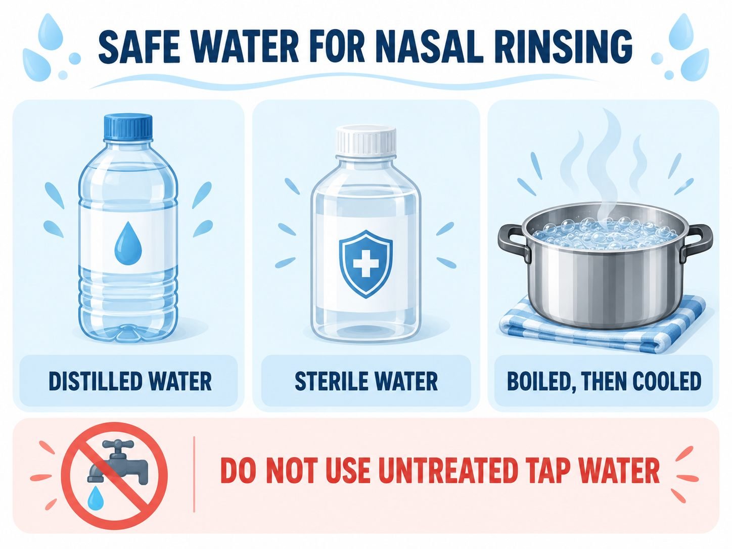 Safe water choices for nasal rinsing: distilled water, sterile water, or water that has been boiled and cooled